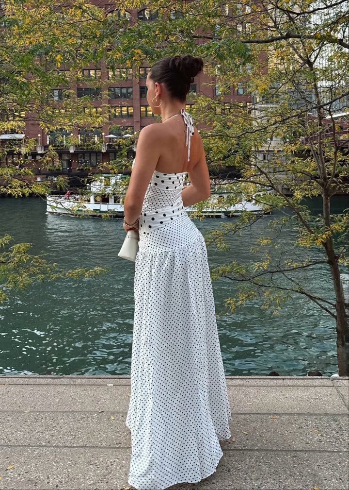 Marguerite Halter Maxi Dress White Polka (Size 6)