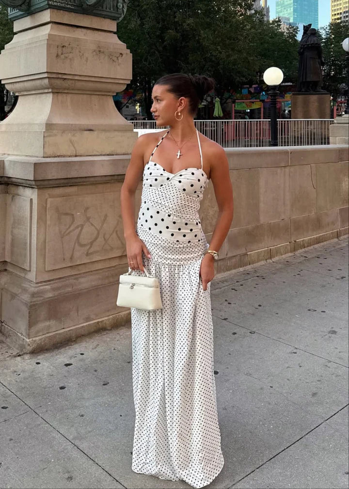 Marguerite Halter Maxi Dress White Polka (Size 6)