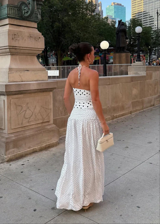 Marguerite Halter Maxi Dress White Polka (Size 6)