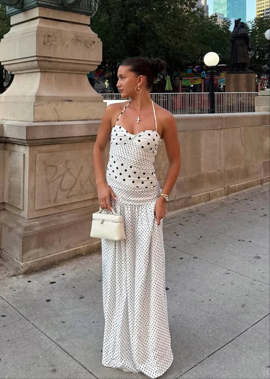 Marguerite Halter Maxi Dress White Polka (Size 8)