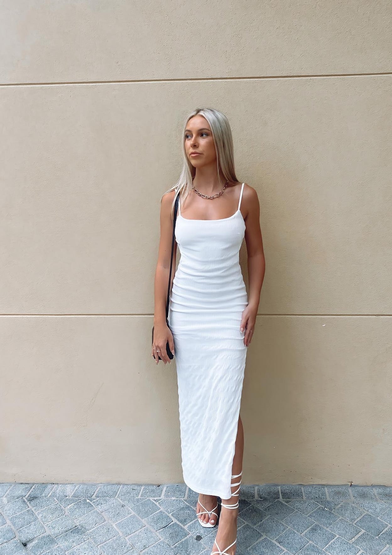 Textured Backless Maxi Dress in White